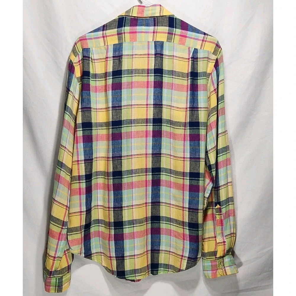 Polo Ralph Lauren Mens 100% Linen Large Long Sleeve Shirt Multicolor Plaid‎